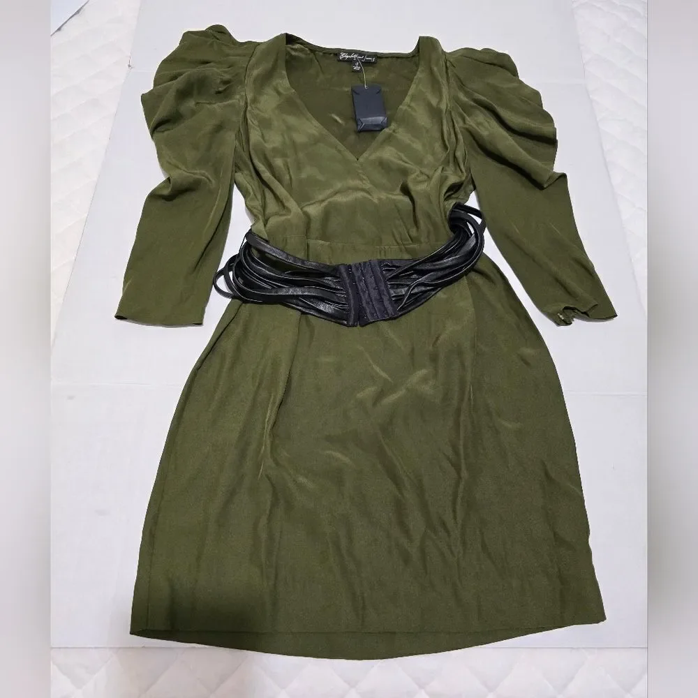 NWT Elizabeth And James 100% Silk Belted Dress In Green Size Small